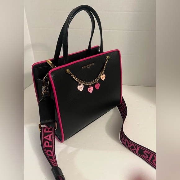 New KARL KAHERFEKD PARIS BLACK FUSCHIA LOVE STYLE CROSSBODY BAG - Picture 12 of 16